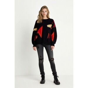 Vintage Luce Italy Abstract Geometric Lurex Knit Sweater Black Red Medium